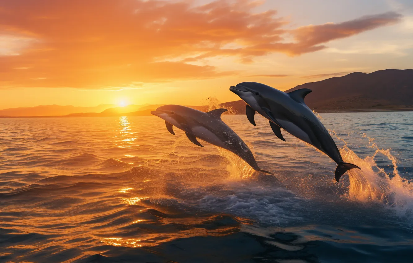 Photo wallpaper sea, the sun, dawn, jump, dolphins, two, digital art, AI art