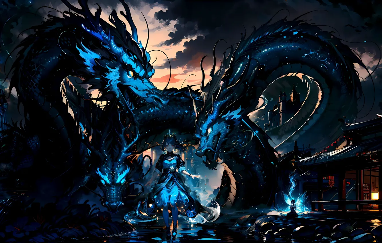 Photo wallpaper girl, dragon, the evening