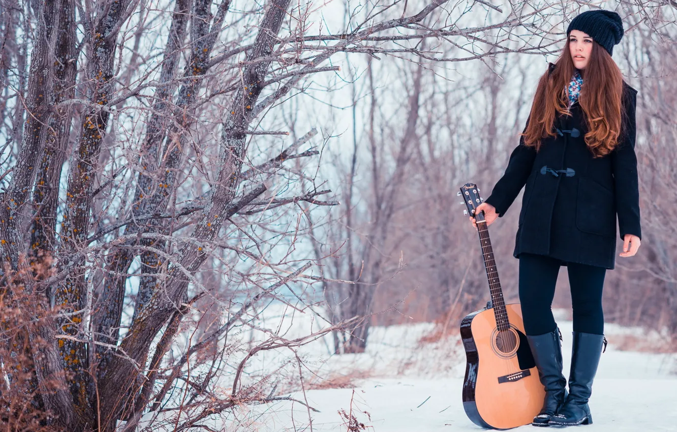 Photo wallpaper girl, snow, guitare