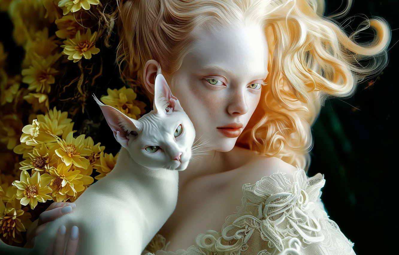 Photo wallpaper cat, white, cat, look, girl, flowers, pose, the dark background