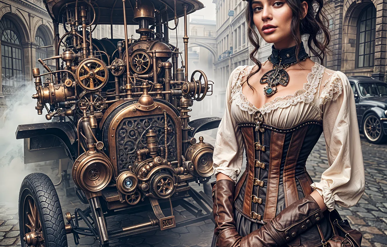 Photo wallpaper neural network, style, look, portrait, AI art, steampunk, girl, machine
