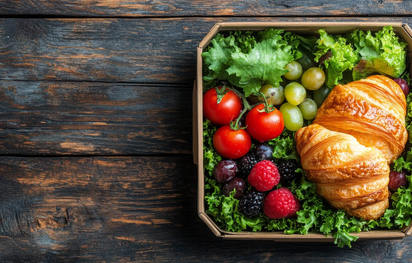 Photo wallpaper greens, berries, raspberry, Board, Breakfast, grapes, container, tray