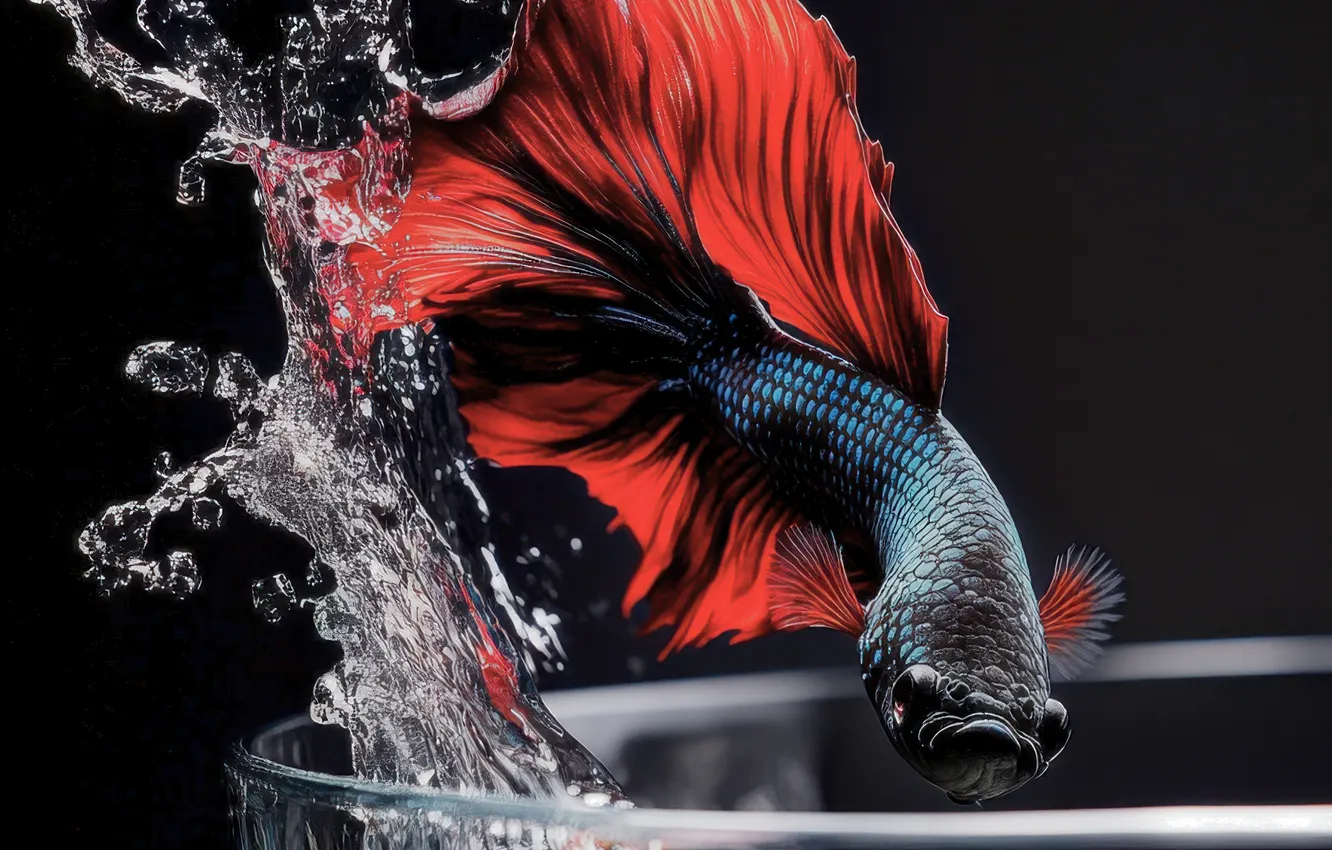 Photo wallpaper glass, water, squirt, jump, aquarium, fish, splash, fish