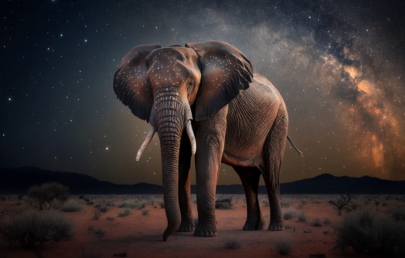 Photo wallpaper the sky, stars, night, hills, desert, elephant, the milky way, AI art