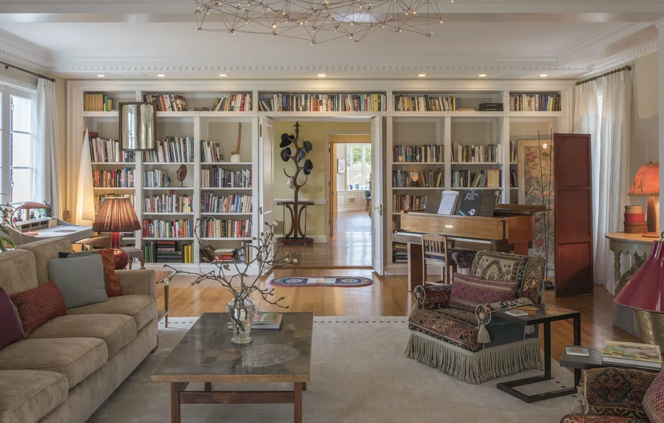 Photo wallpaper design, style, interior, library, piano, living room