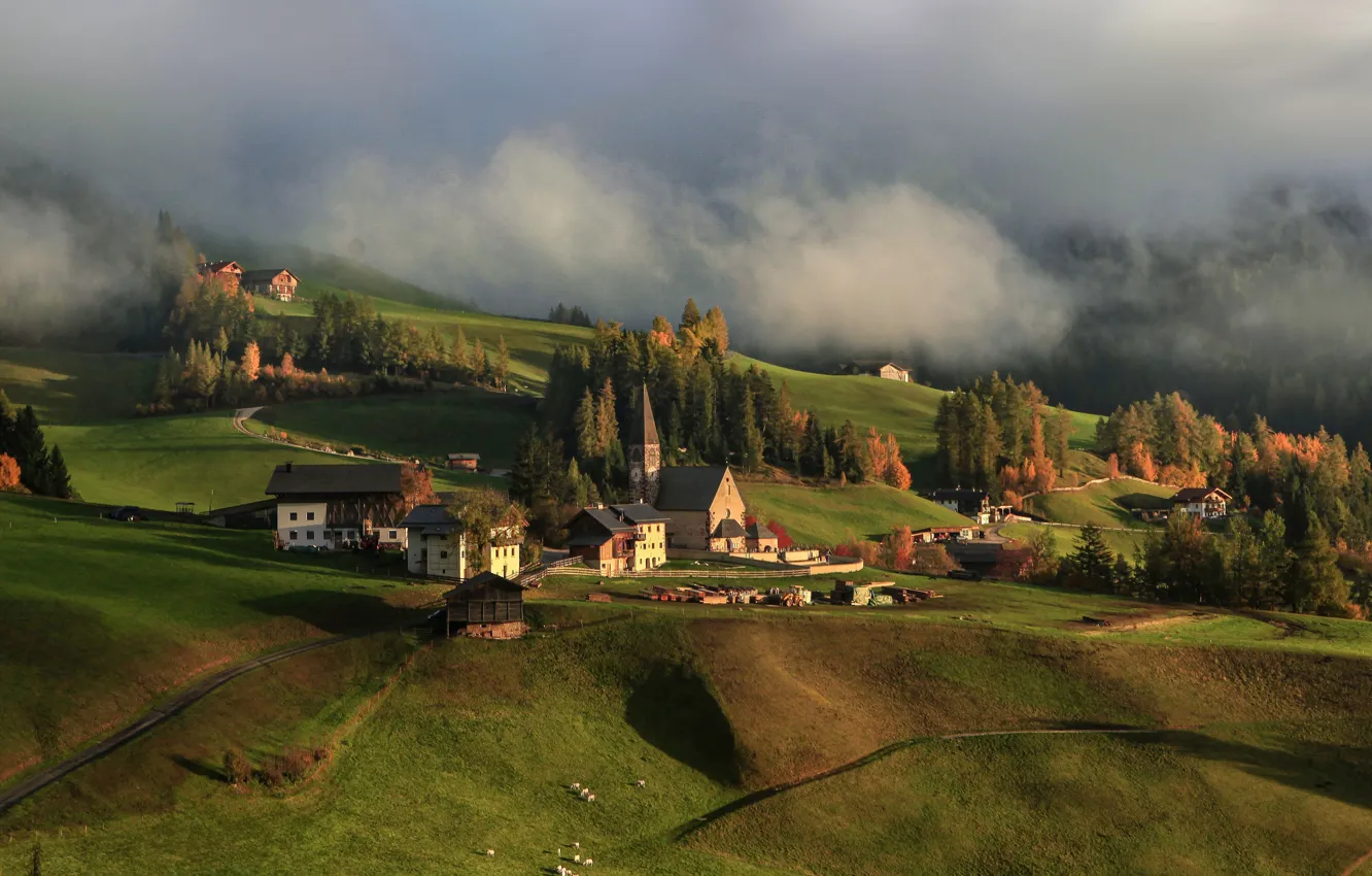 Photo wallpaper clouds, landscape, nature, fog, home, village, pasture, meadow