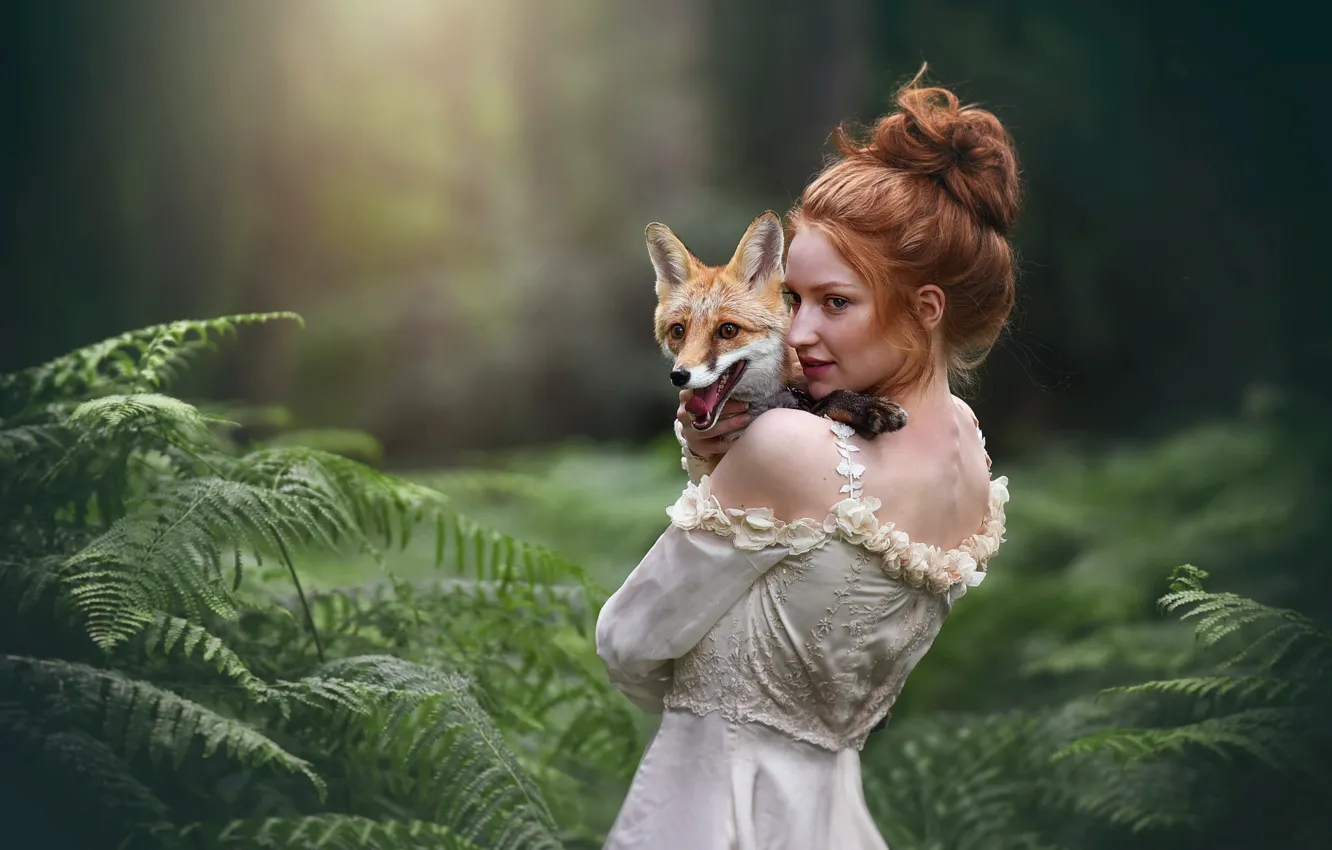 Photo wallpaper forest, girl, Fox
