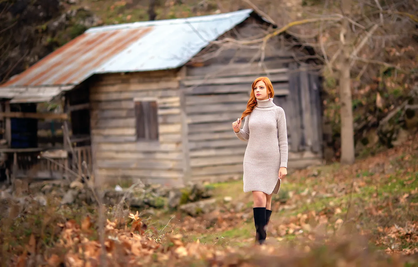 Photo wallpaper legs, the beauty, redhead, sweater, Melis