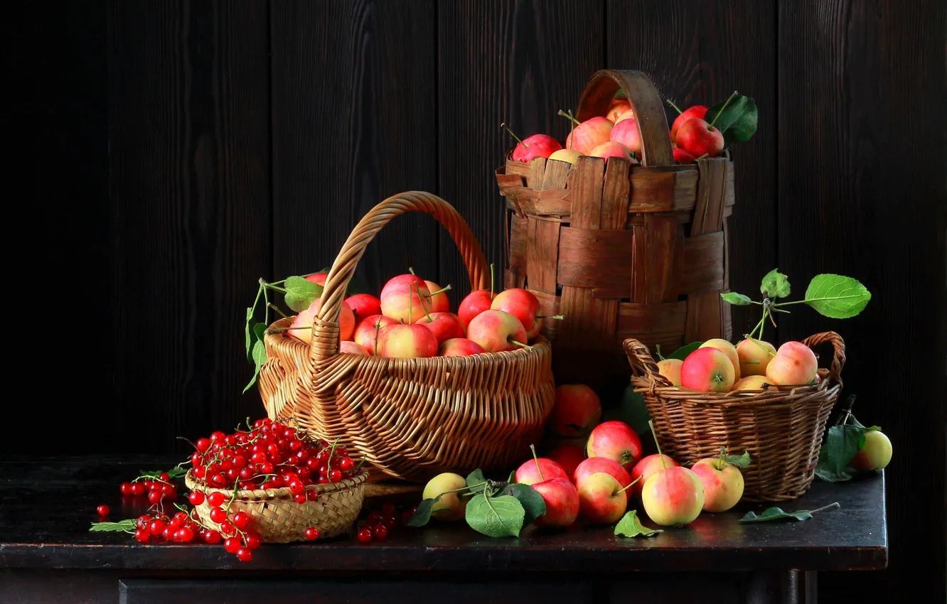 Photo wallpaper berries, table, apples, fruit, fruit, currants, basket, Natalia Kazantseva