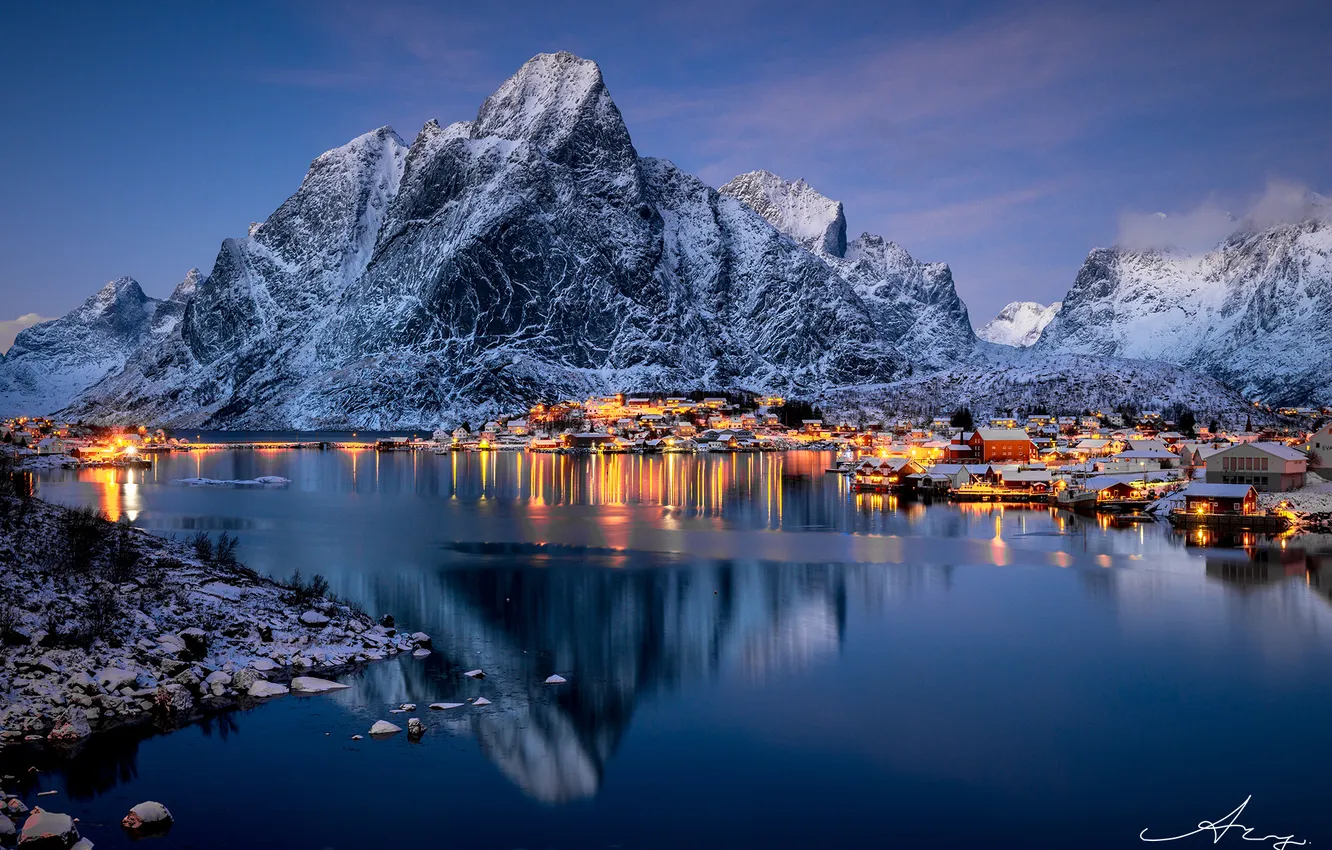 Photo wallpaper landscape, mountains, the city, lights, Norway, the fjord