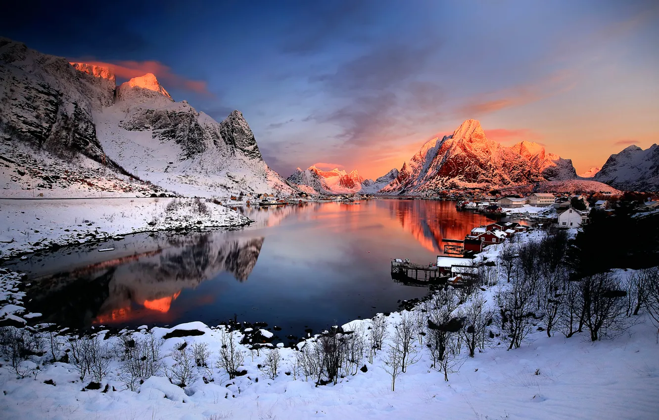 Photo wallpaper snow, sunset, mountains, home, Norway