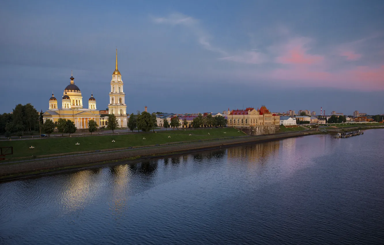 Photo wallpaper landscape, the city, river, building, home, the evening, Volga, Rybinsk