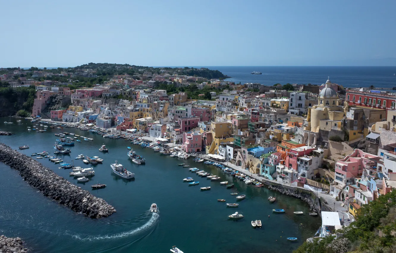Photo wallpaper sea, coast, boat, building, Bay, port, boat, Italy