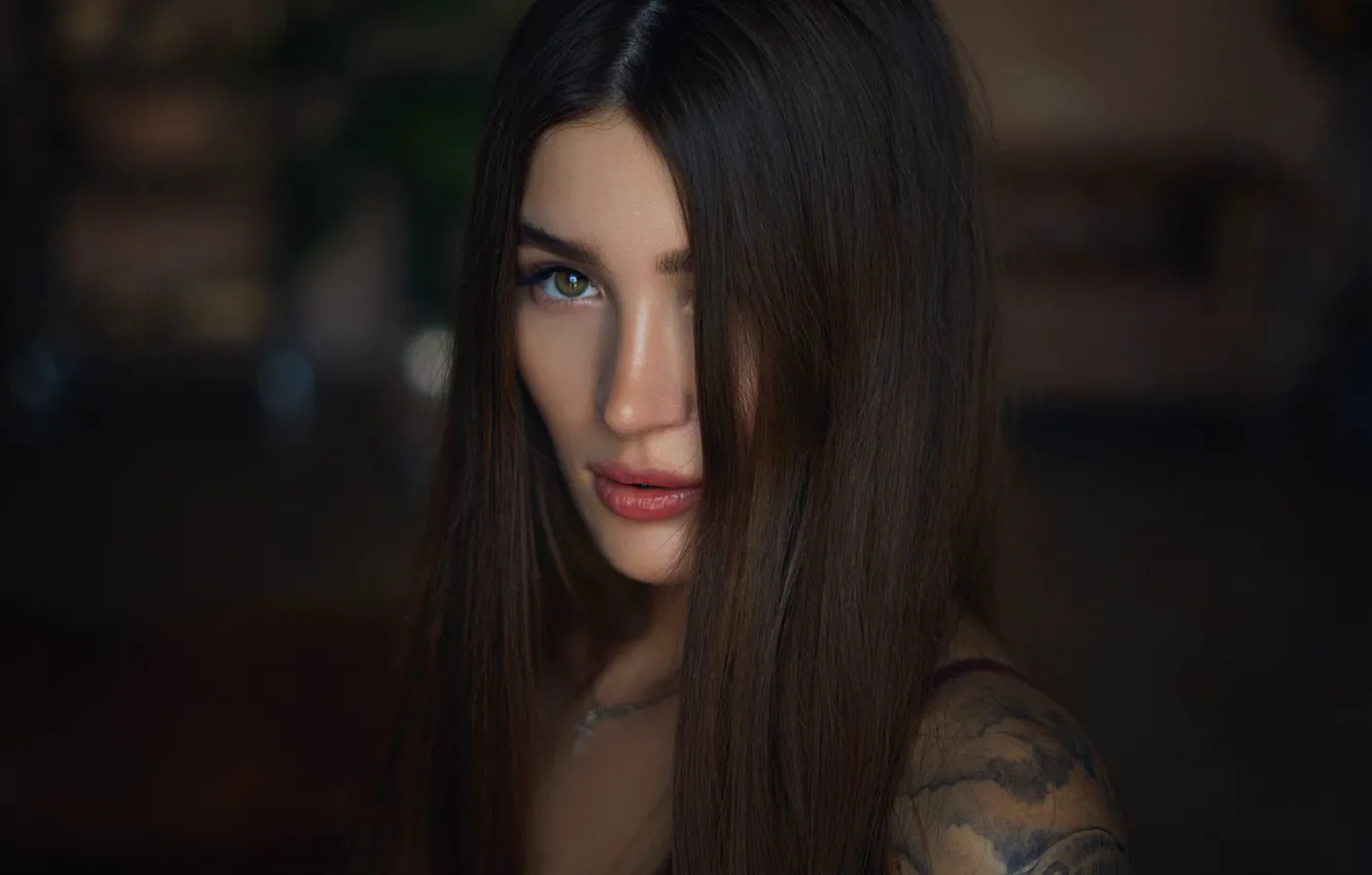 Photo wallpaper look, background, model, portrait, makeup, brunette, tattoo, hairstyle