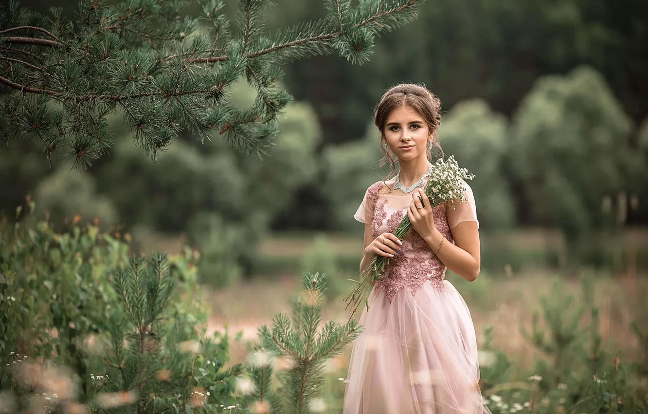 Photo wallpaper grass, girl, branches, nature, chamomile, dress, brown hair, needles