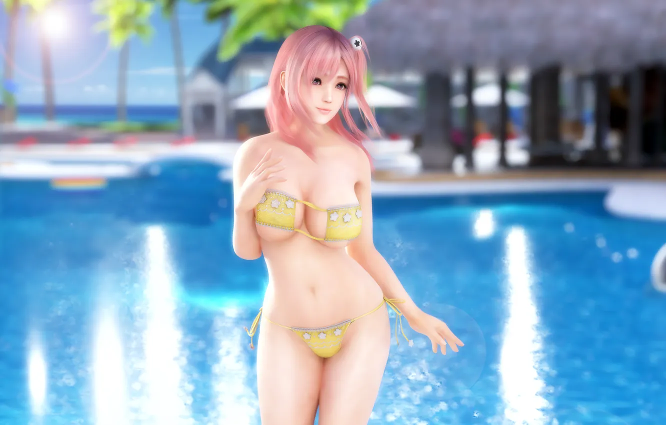 Photo wallpaper girl, sunshine, sexy, pool, cleavage, beach, pink hair, long hair