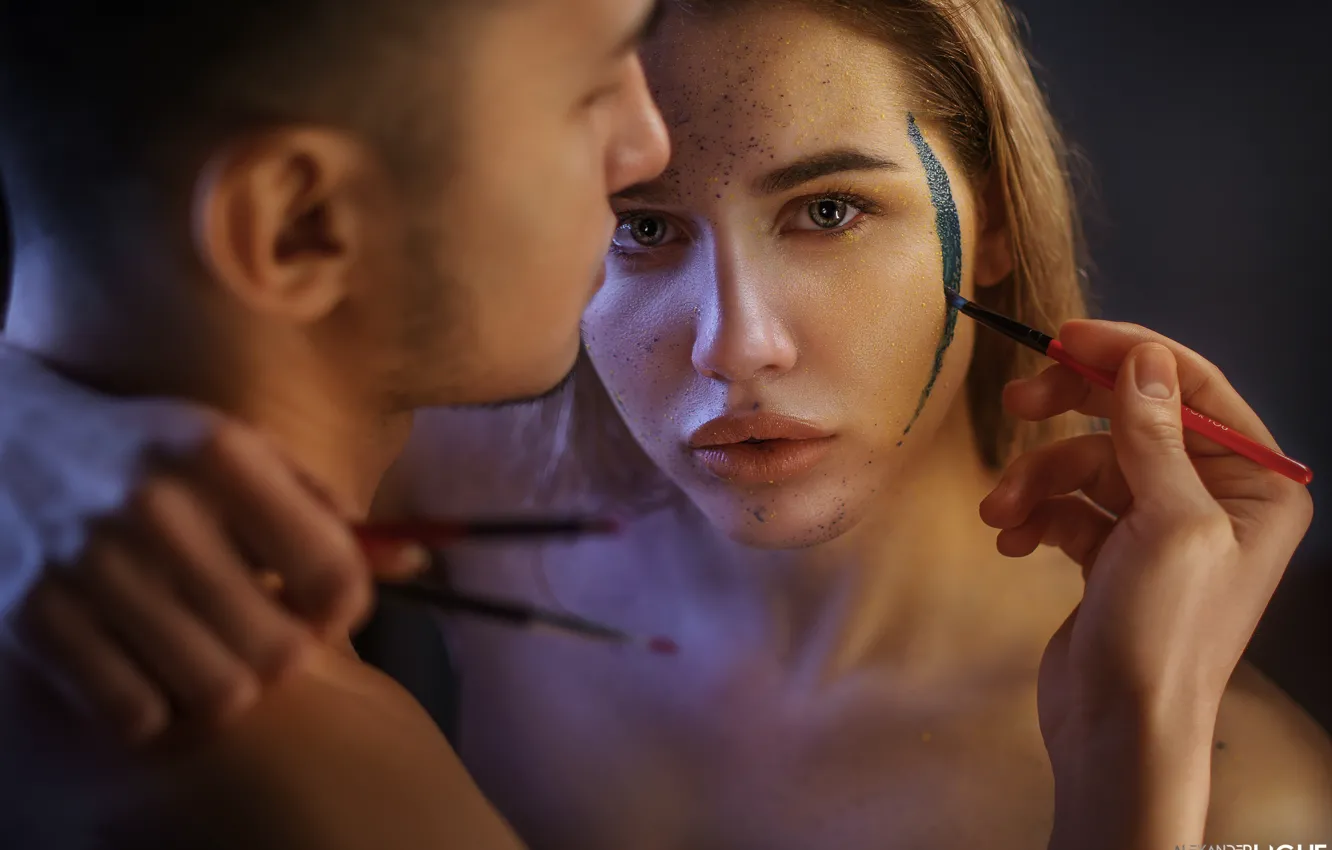 Photo wallpaper look, girl, face, mood, paint, hands, sequins, pair