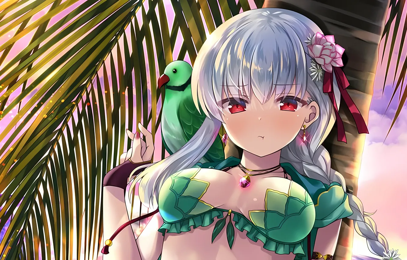 Photo wallpaper girl, sexy, cleavage, beach, flower, long hair, boobs, anime