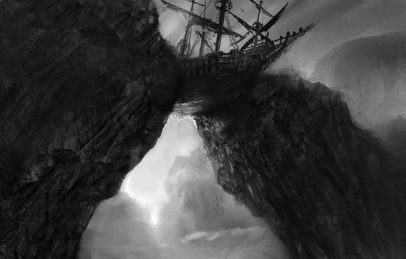 Photo wallpaper rocks, ship, art, black and white, monochrome, Dark Souls II
