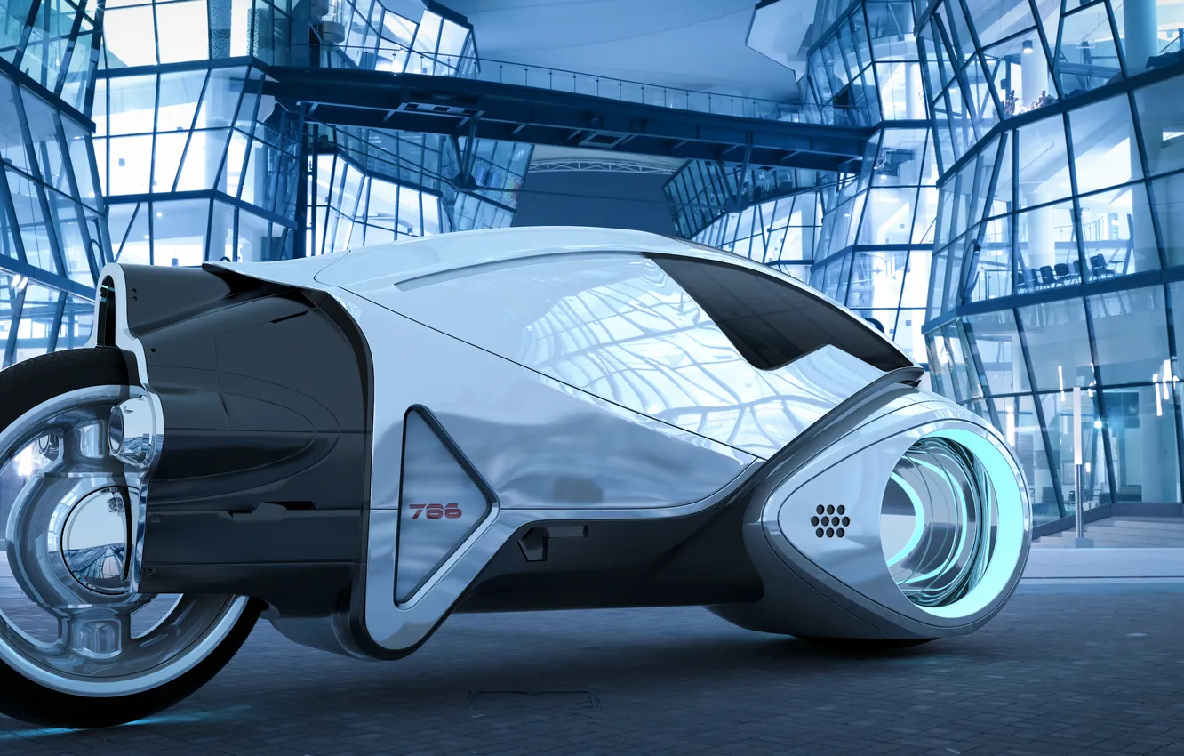 Photo wallpaper glass, building, art, motorcycle, legacy, tron