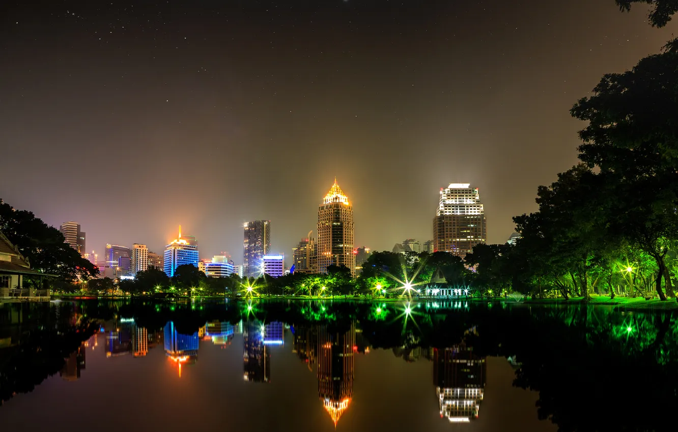 Photo wallpaper stars, trees, night, the city, lights, pond, building, Bangkok