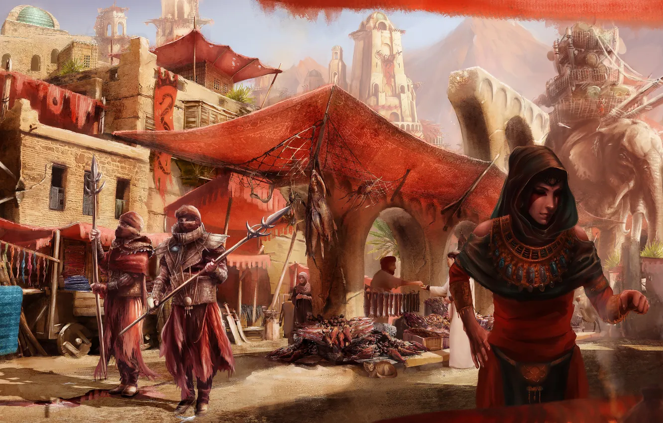 Photo wallpaper girl, the city, people, elephant, art, market, guardians, Middle earth