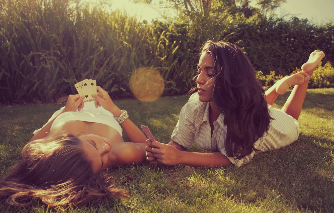 Photo wallpaper grass, girl, lawn, brunette, lies, girls, women, brunette