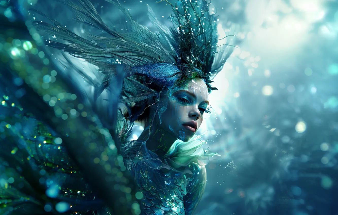 Photo wallpaper sea, water, girl, mermaid, fantasy, under water, in the water, bokeh