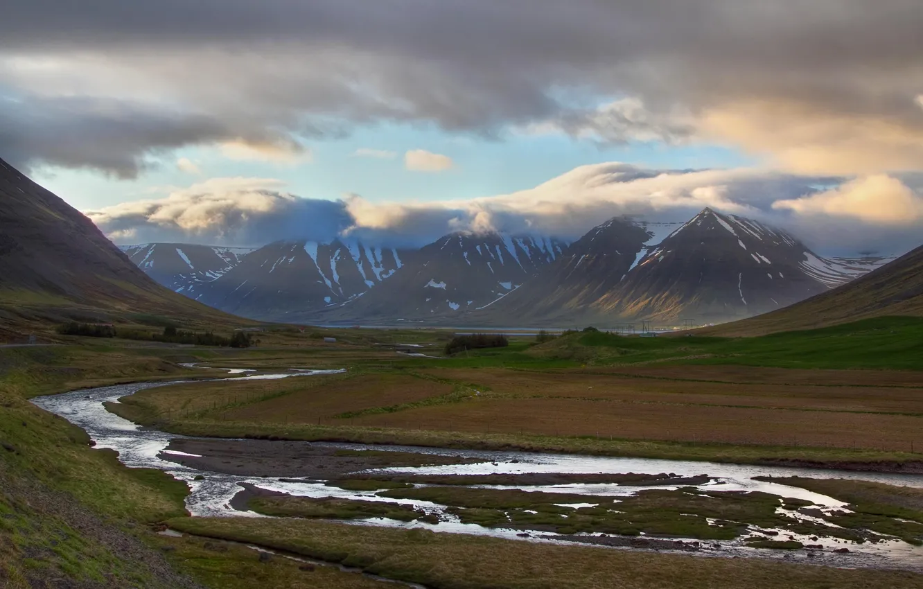 Photo wallpaper clouds, mountains, river, valley, Iceland