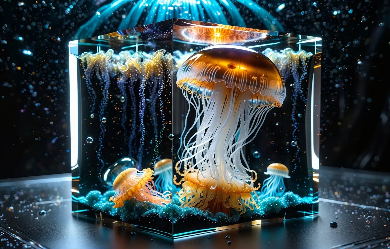 Photo wallpaper aquarium, jellyfish, cube