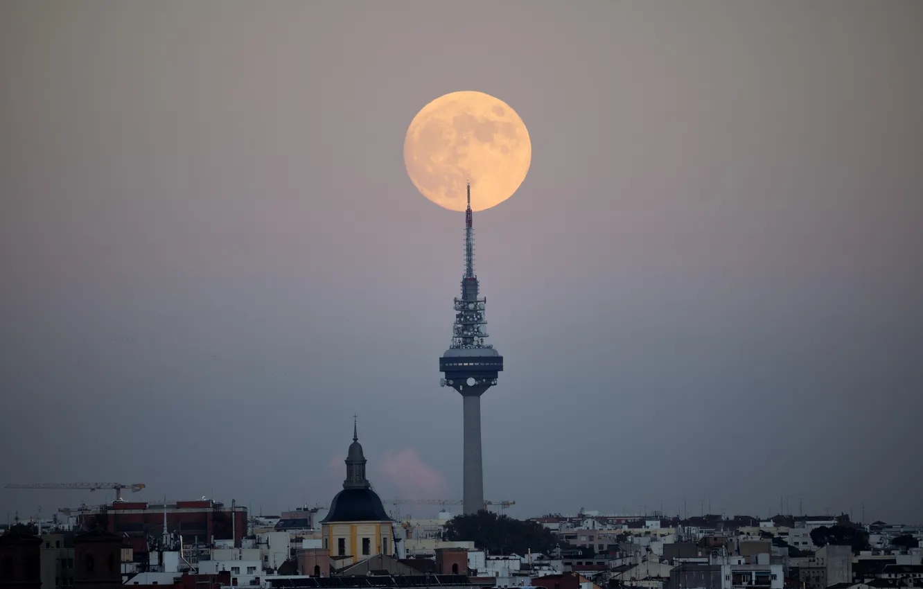 Photo wallpaper nature, building, beauty, the full moon, moon over the city