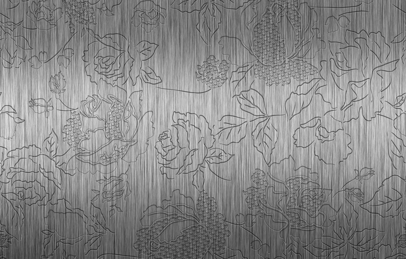 Photo wallpaper metal, pattern, steel, roses, embossed