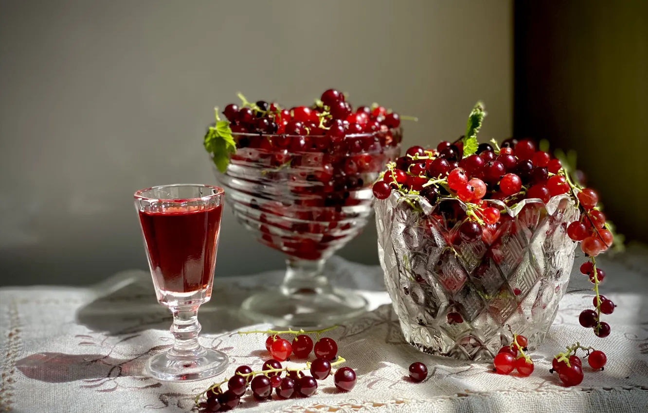 Photo wallpaper glass, light, red, berries, table, alcohol, dishes, still life