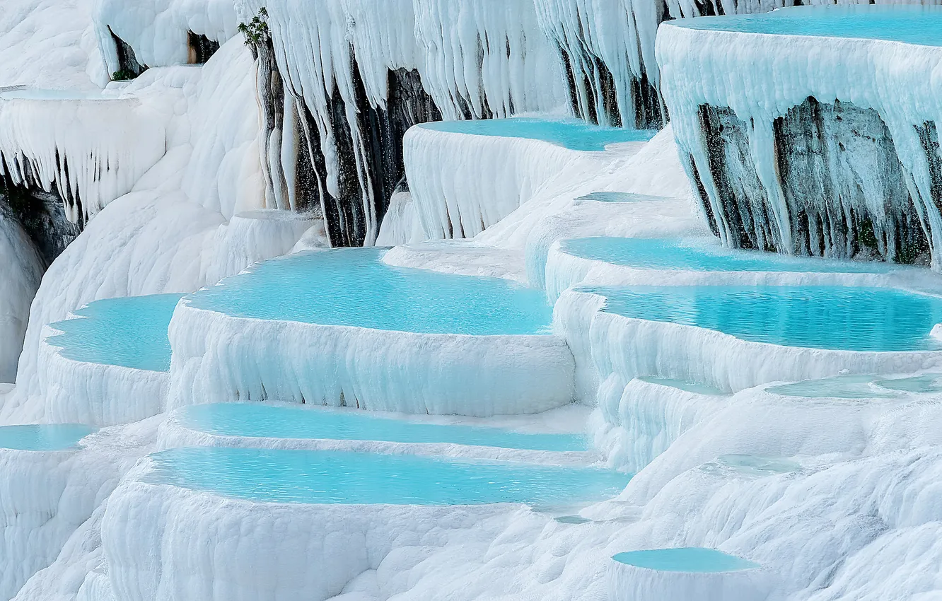 Photo wallpaper water, landscape, rocks, Turkey, source, salt, Pamukkale
