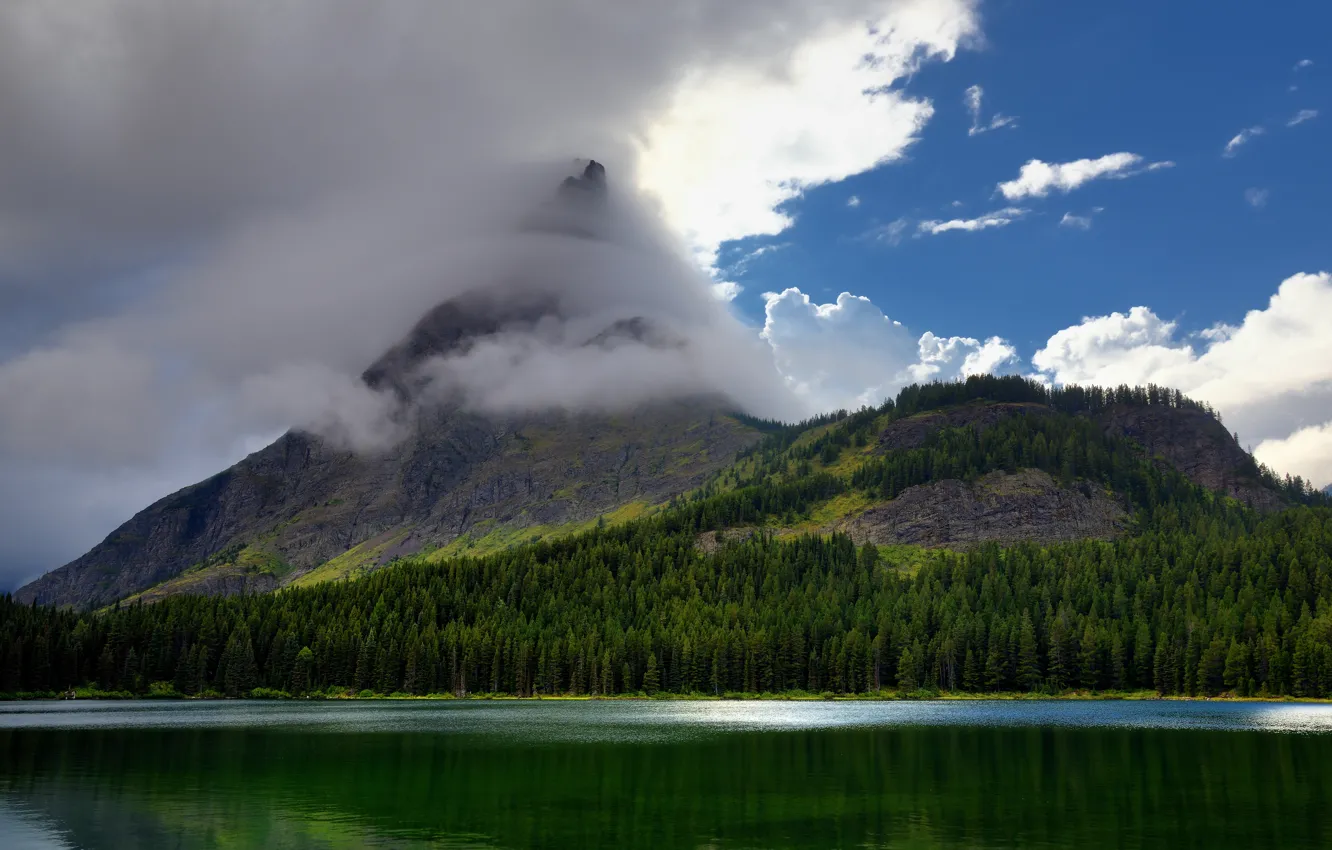 Photo wallpaper forest, the sky, clouds, mountains, nature, lake