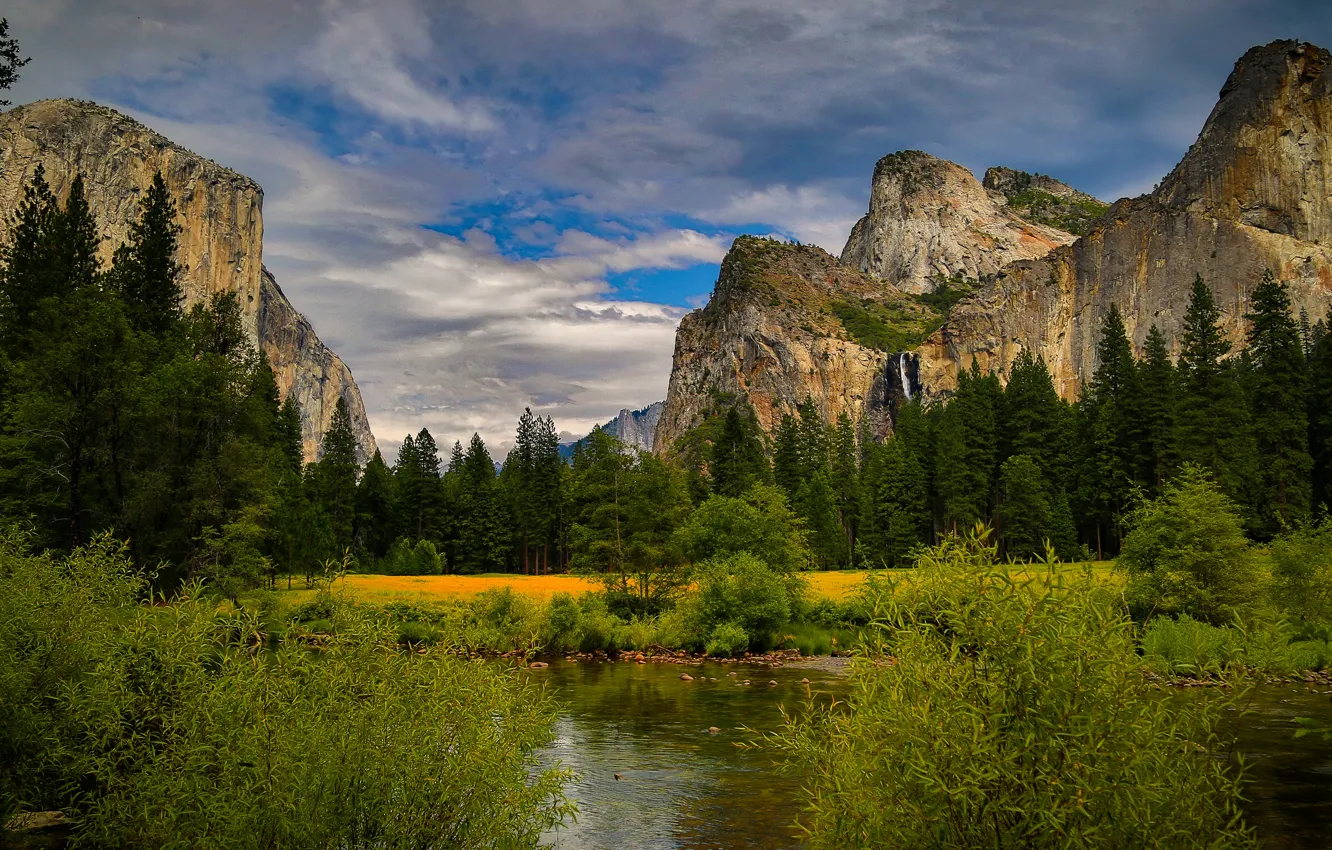 Photo wallpaper forest, the sky, clouds, trees, mountains, stones, rocks, waterfall