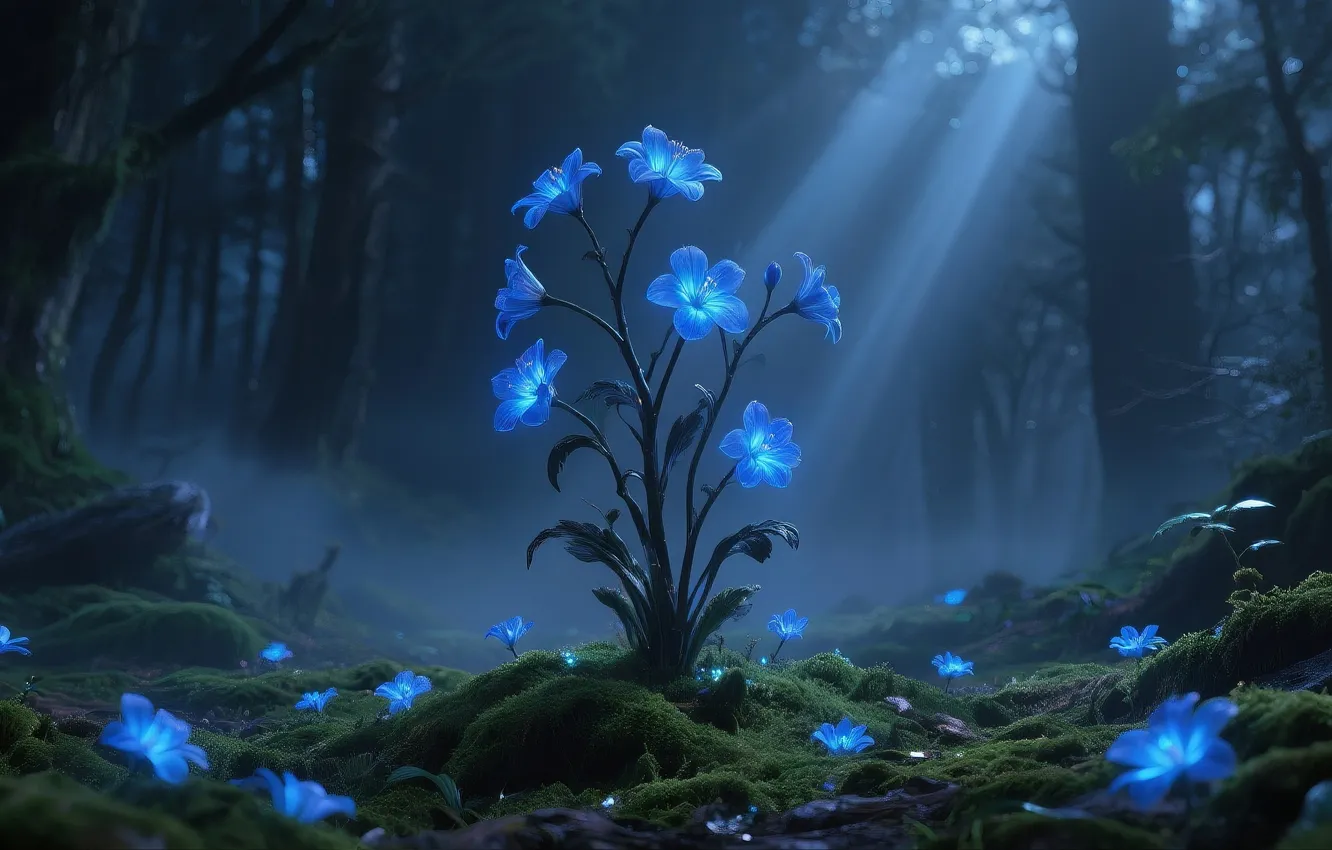 Photo wallpaper magic, tale, rays of light, charm, night forest, fantasy art, glowing flower, kraosta