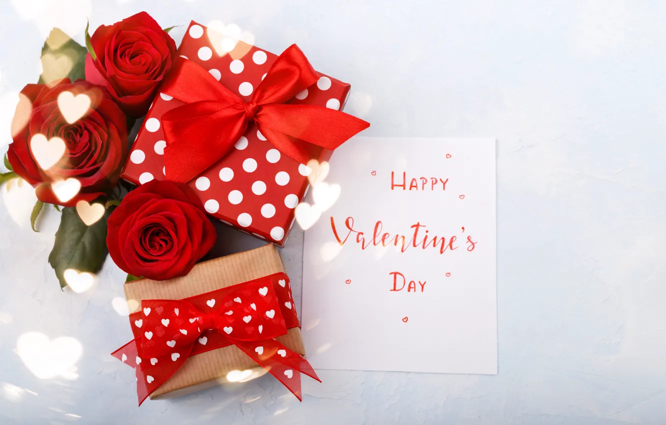 Photo wallpaper flowers, holiday, gift, roses, hearts, Valentine's day, red bow