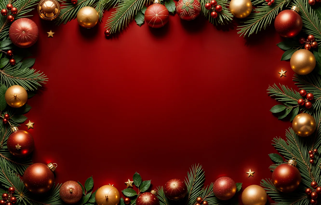 Photo wallpaper decoration, balls, new year, Christmas, golden, Christmas, balls, red background