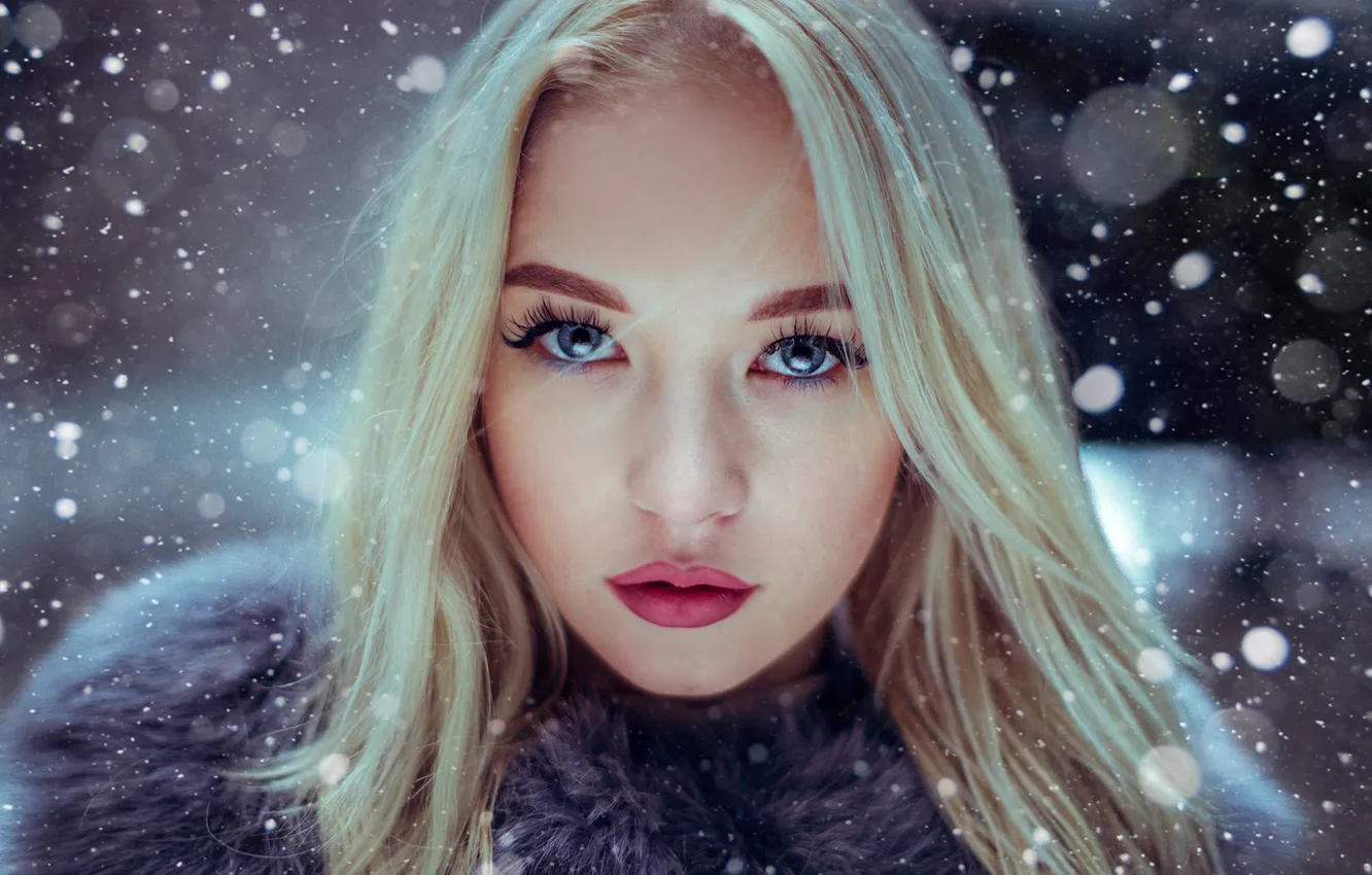 Photo wallpaper winter, look, snow, snowflakes, close-up, background, model, portrait