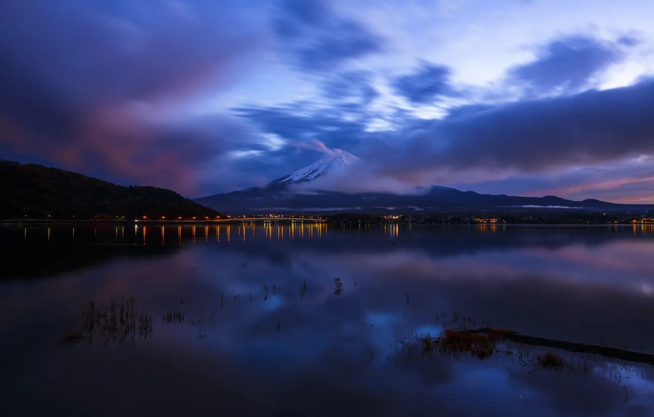 Photo wallpaper the sky, clouds, mountains, night, blue, reflection, the ocean, the volcano