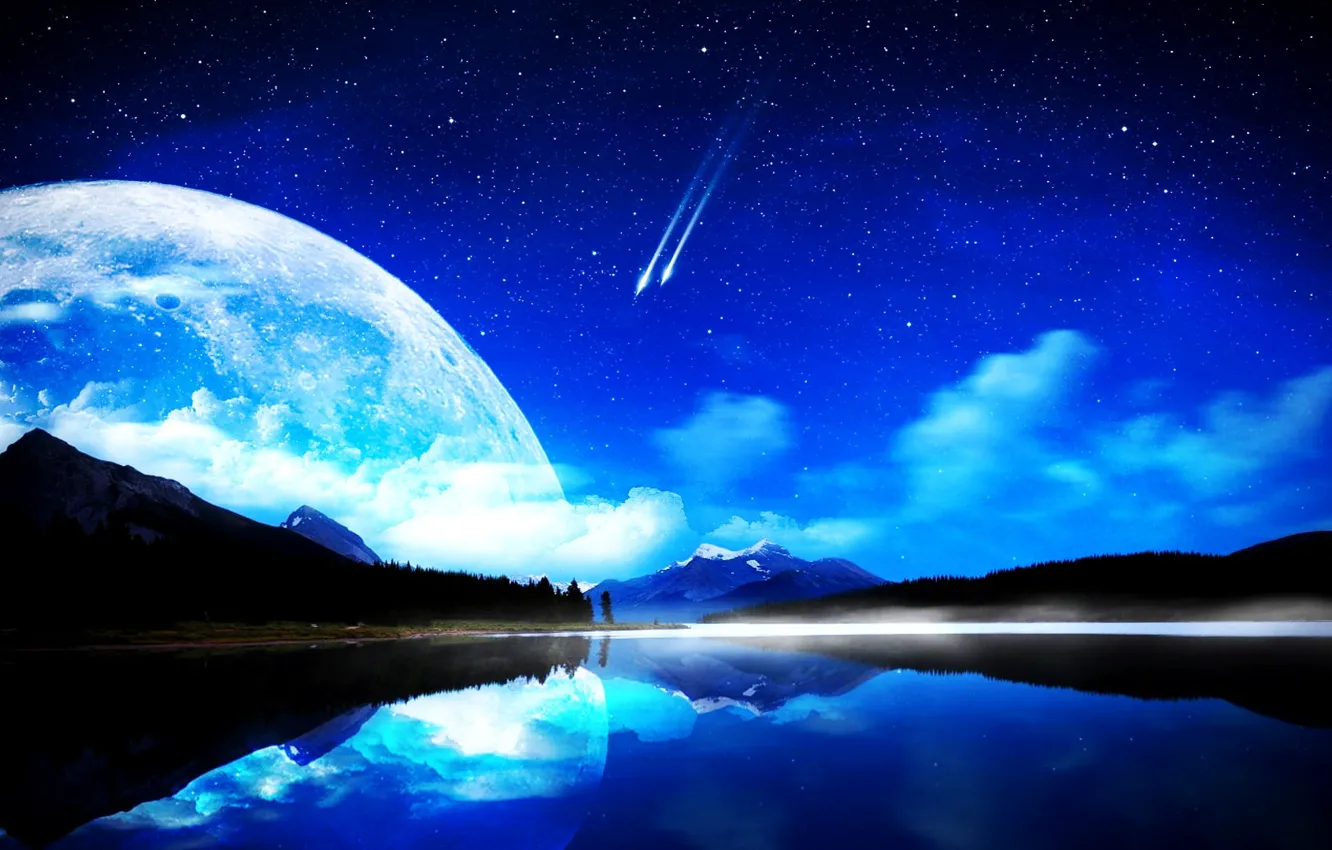 Photo wallpaper stars, mountains, night, lake, magic, planet, beauty, horizon