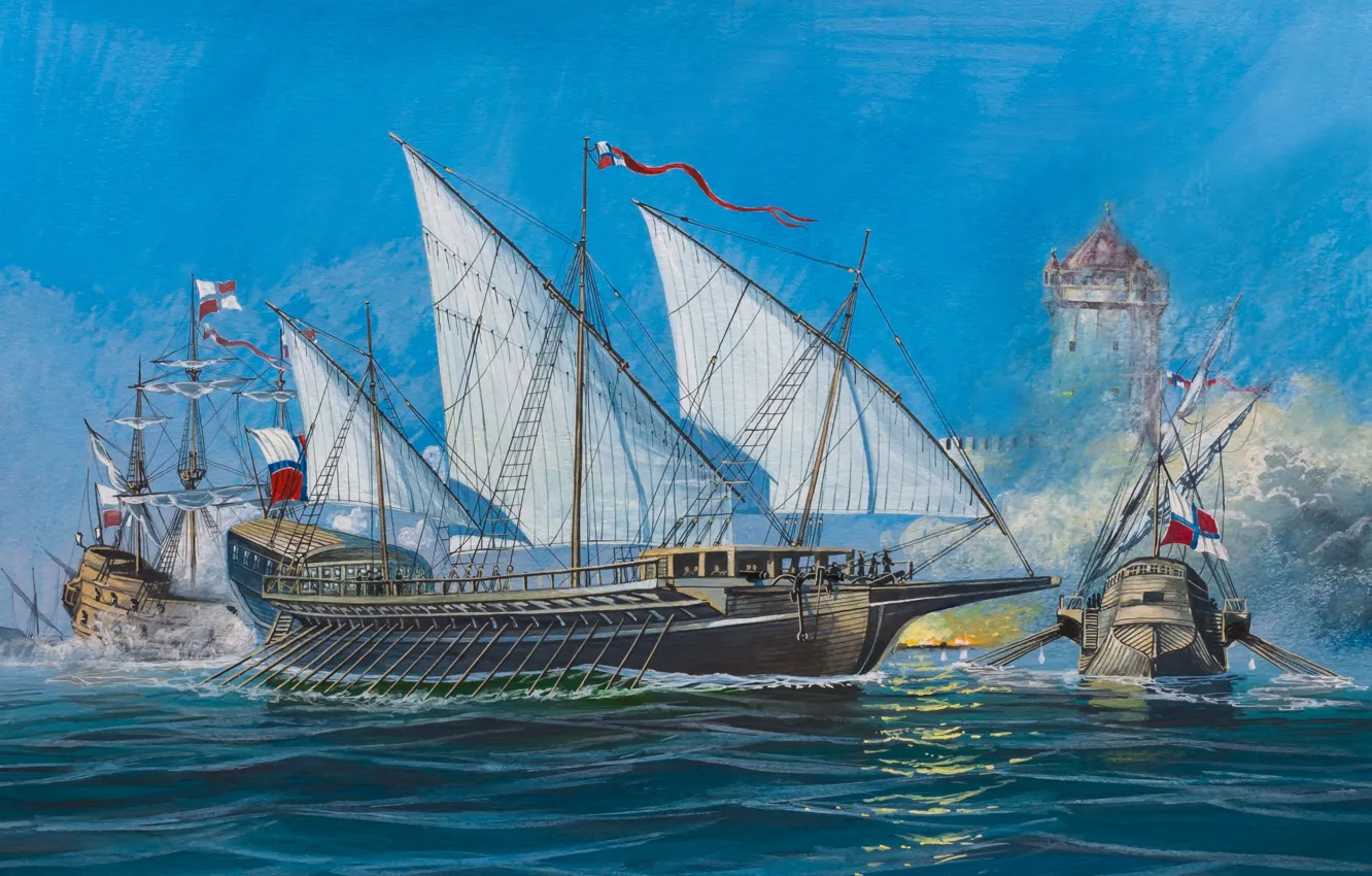 Photo wallpaper oil, explosions, ships, bursts, battle, water, art, watercolor