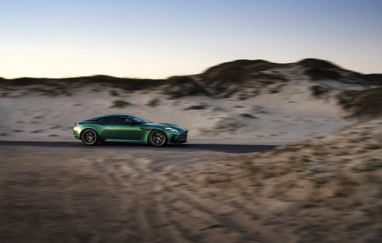 Photo wallpaper sand, the steppe, Aston Martin, desert, supercar, side view, 2023, Aston Martin DB12