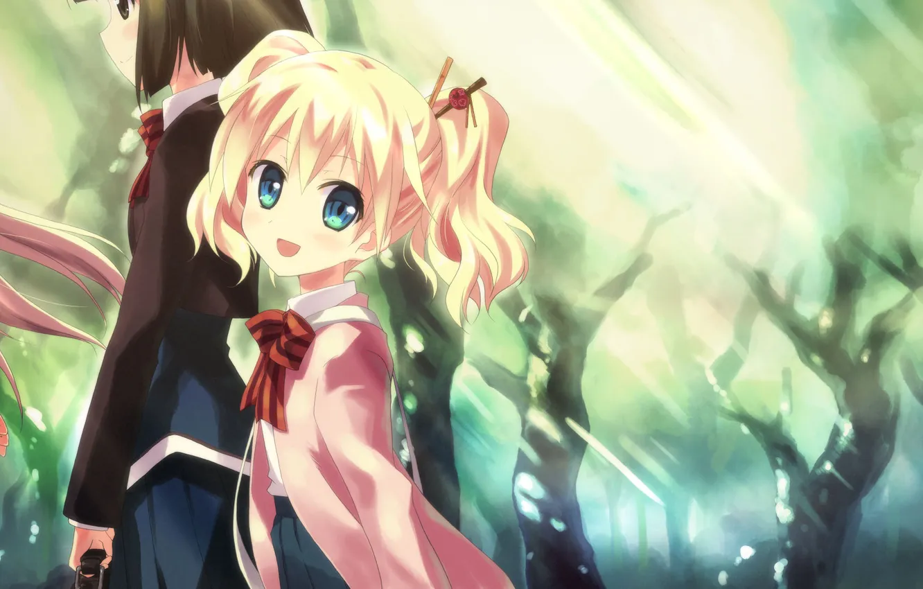 Photo wallpaper girl, light, trees, anime, art, form, schoolgirl, yuuki tatsuya