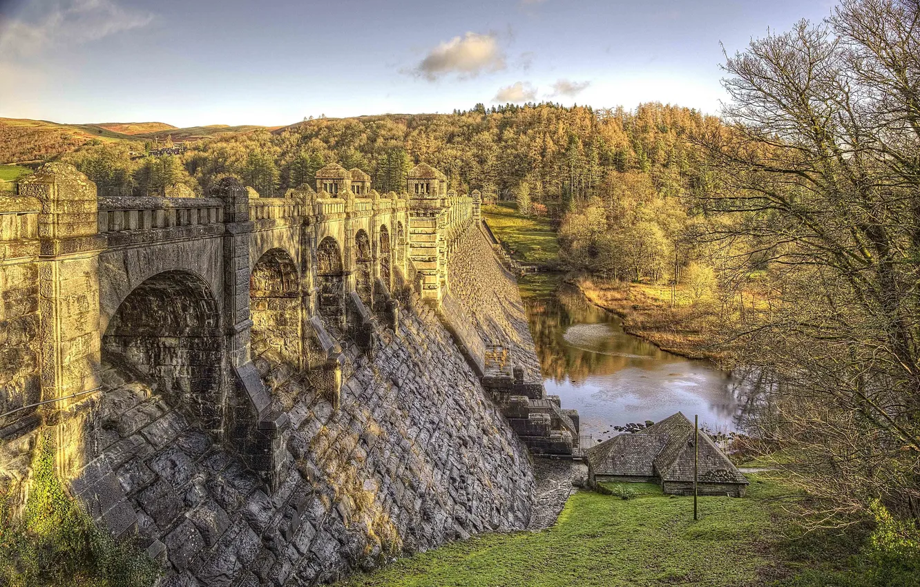 Photo wallpaper the sky, the sun, clouds, trees, sunset, mountains, branches, bridge