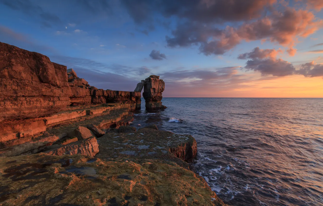 Photo wallpaper sea, the sky, clouds, sunset, rocks, UK
