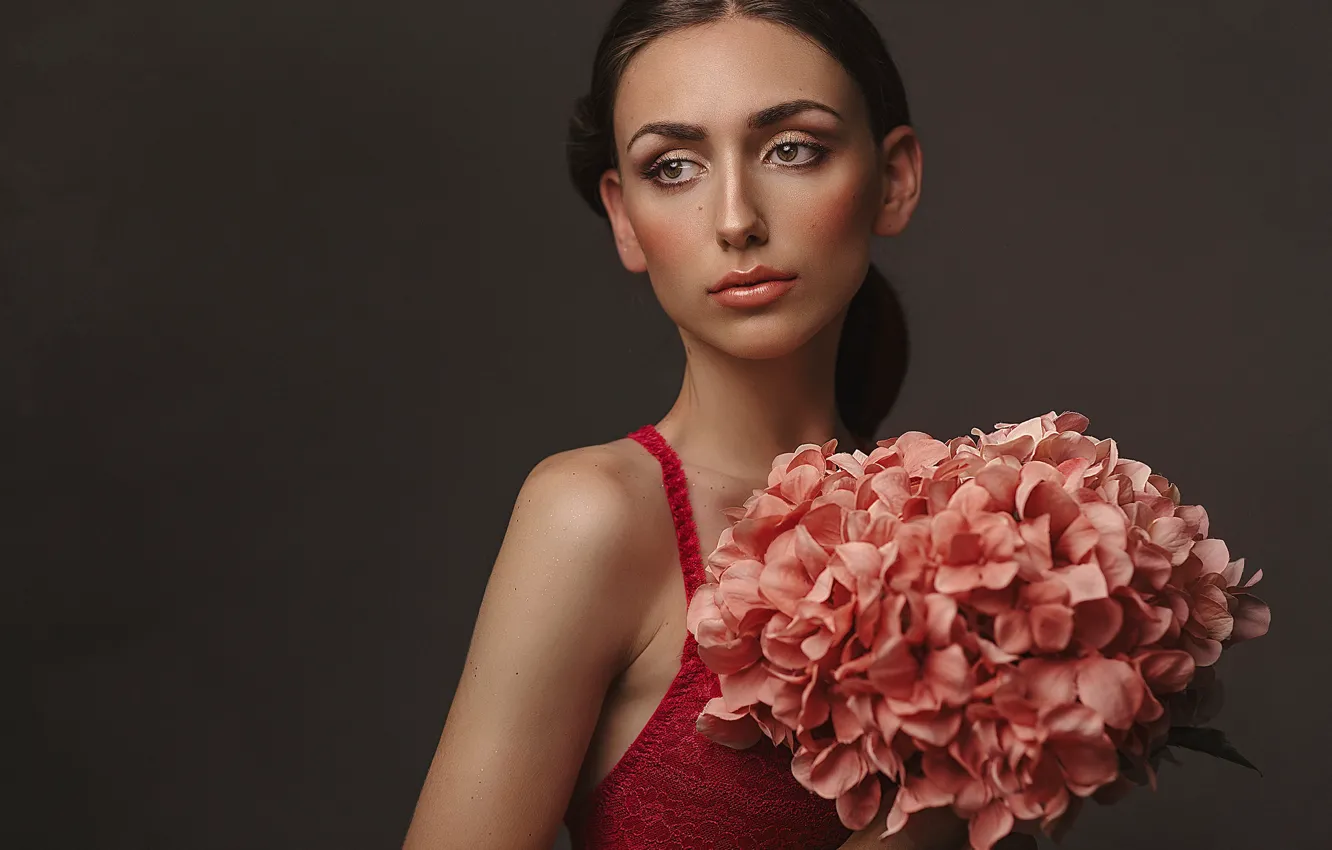 Photo wallpaper girl, flowers, background, mood, portrait, hydrangea