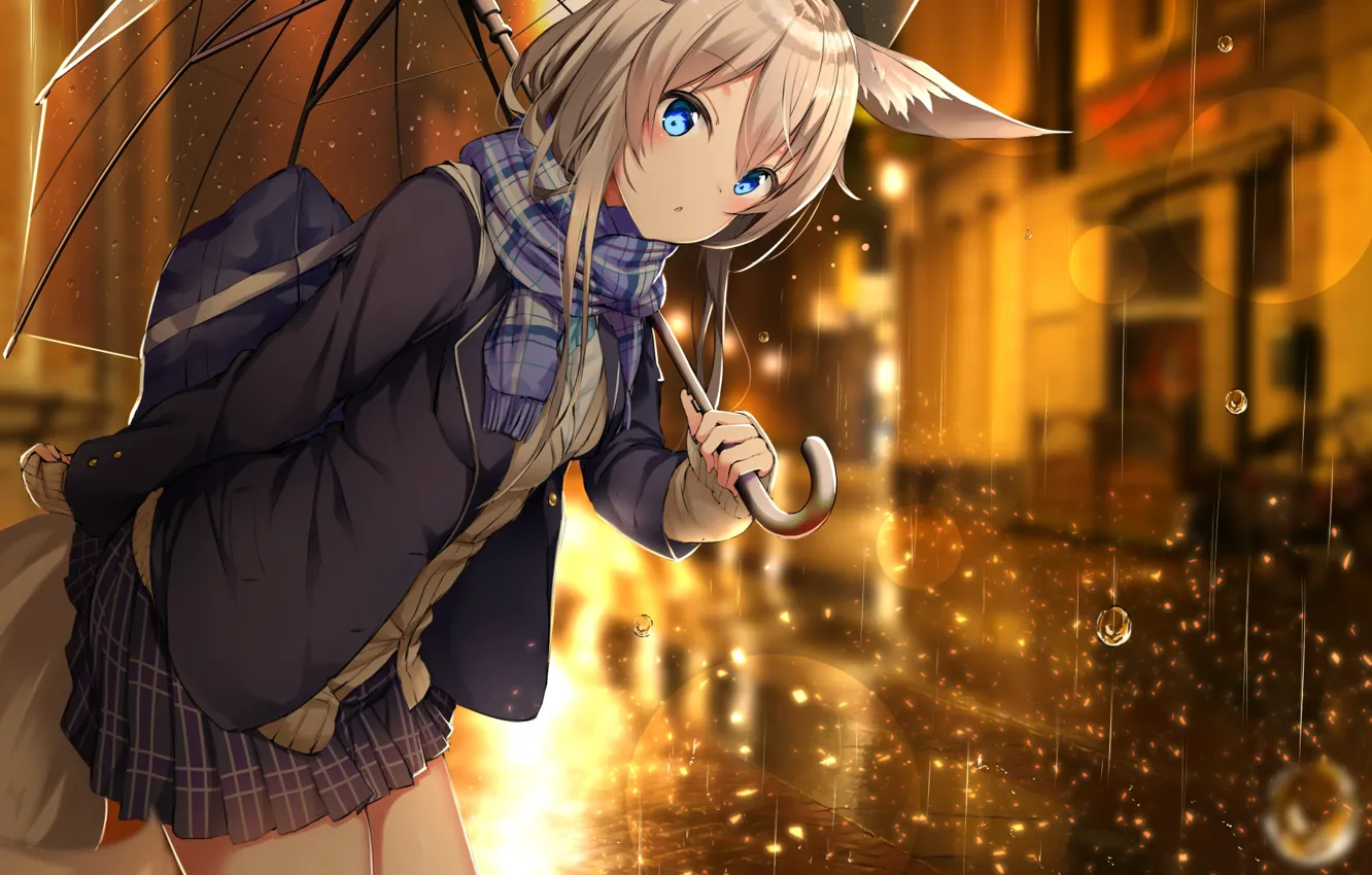 Photo wallpaper girl, rain, umbrella, ears