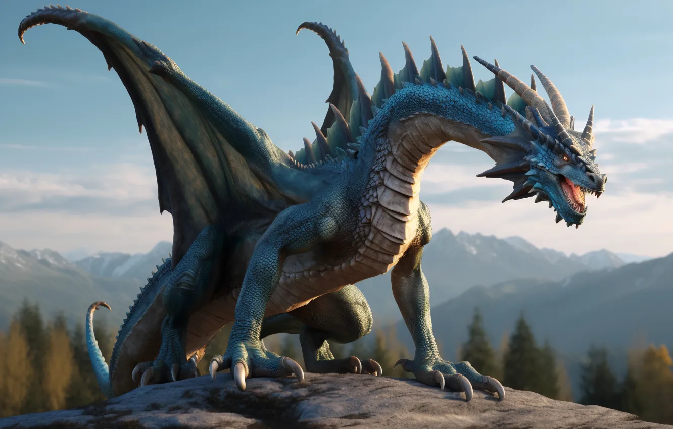 Photo wallpaper clouds, trees, mountains, dawn, dragon, wings, digital art, AI art